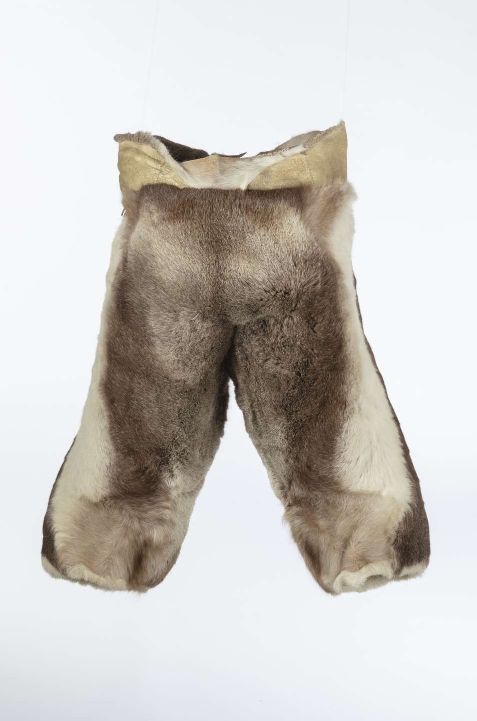 Pantalon en fourrure de caribou, vu de derrière, avec une teinte brune centrale qui s’éclaircit vers le blanc sur les côtés. La bande de cuir retourné à la taille est plus basse à l’arrière qu’à l’avant.